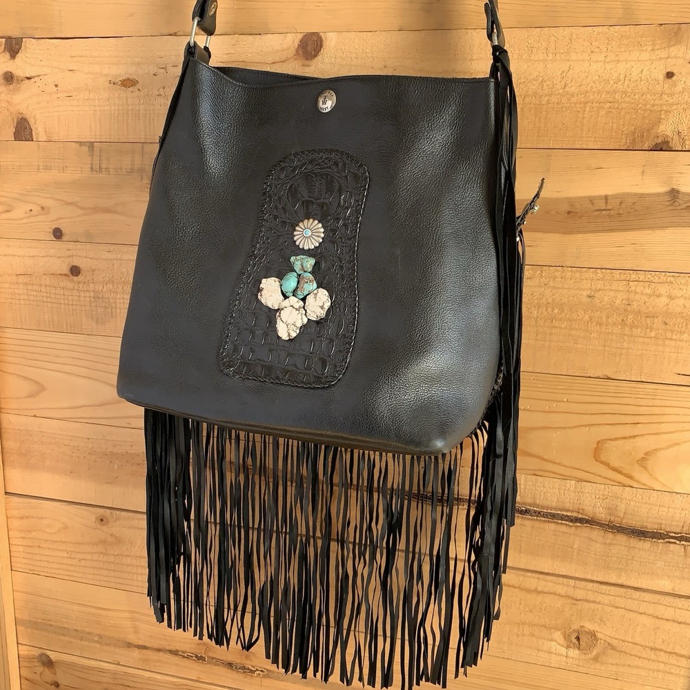 Two Bar West‎ Large Leather Purse Tote Fringes *Flaws* Stones Studded Western - Picture 4 of 10